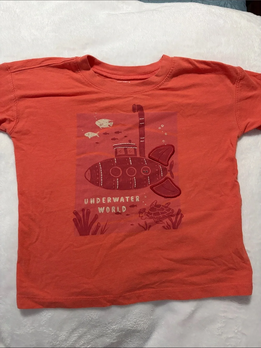 2 Carter's Coral Orange Submarine Graphic Short Sleeve Tee and a Green Tee